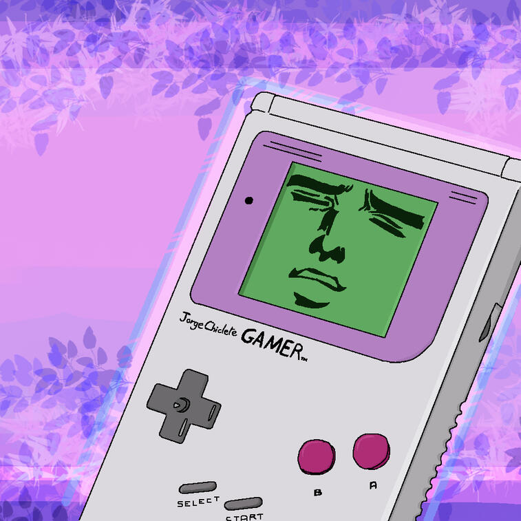 a pixel art of a gameboy color in a pink-purple background. it has an anime face on the screen